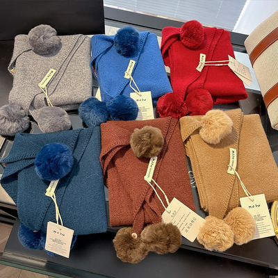 精灵尾巴！纯羊毛日系减龄针织围巾三角巾女冬季纯色兔毛球披肩女