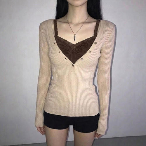 韩系少女蕾丝假两件针织长袖T恤