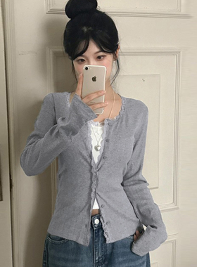 HEYOUNGIRL韩系ins风蕾丝花边拼接排扣长袖简约百搭直筒灰色开衫