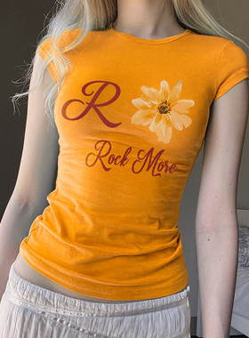 HEYOUNGIRL橘子汽水花卉字母印花圆领短袖T恤百搭修身橙色上衣女