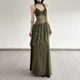 HEYOUNGIRL森林女巫蕾丝拼接设计感吊带长裙复古收腰绿色连衣裙女