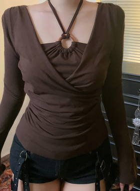 HEYOUNGIRL复古圆环挂脖系带棕色长袖T恤辣妹设计感百搭褶皱上衣