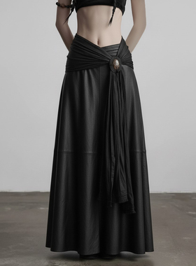 HEYOUNGIRL暗黑侠客绑带设计黑色皮革半身裙气质辣妹百搭宽松长裙