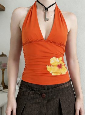 HEYOUNGIRL 橘子汽水木槿花印花串珠挂脖背心橙色修身露背V领上衣