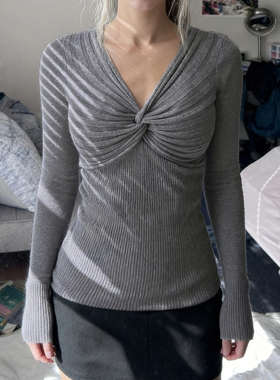 HEYOUNGIRL复古辣妹扭结设计V领毛衣百搭修身打底灰色毛织上衣女