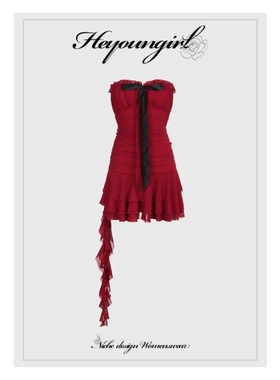 HEYOUNGIRL性感辣妹撞色蝴蝶结红色抹胸连衣裙收腰不规则飘带短裙