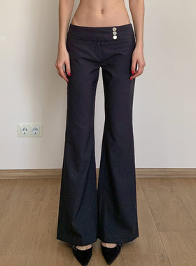 HEYOUNGIRL简约风辣妹三粒扣装饰低腰微喇裤百搭直筒黑色休闲裤女