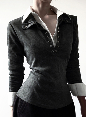 HEYOUNGIRL高智辣妹撞色拼接翻领假两件上衣气质高级感百搭长袖女