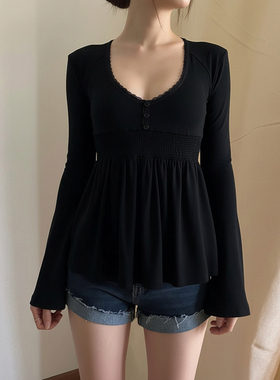 HEYOUNGIRL古早辣妹三粒扣设计蕾丝拼接低领上衣百搭收腰黑色长袖