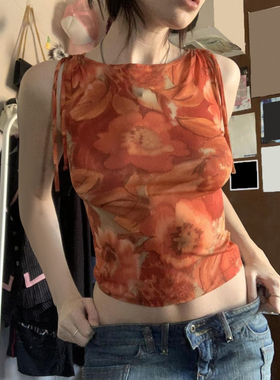 HEYOUNGIRL度假风复古花卉印花橙色背心气质百搭修身显瘦无袖上衣