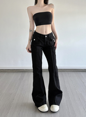HEYOUNGIRL美式复古口袋拼接黑色牛仔裤简约基础百搭修身微喇长裤