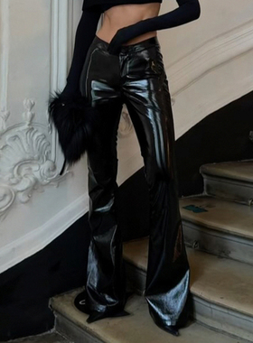 HEYOUNGIRL机车风辣妹V字腰头设计皮裤百搭修身显瘦黑色微喇长裤