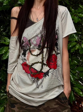 HEYOUNGIRL轻亚感辣妹玫瑰印花斜肩短袖T恤百搭宽松显瘦灰色上衣