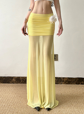 HEYOUNGIRL海边氛围感网纱开叉黄色半身裙度假风百搭性感包臀长裙