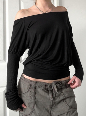 HEYOUNGIRL慵懒风宽松黑色蝙蝠袖一字肩上衣简约百搭休闲长袖T恤