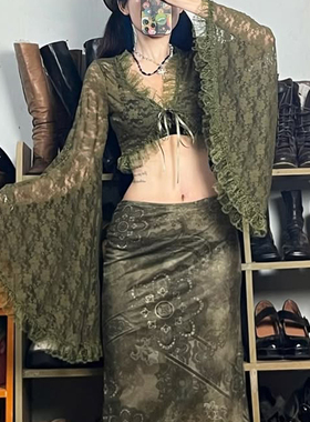 HEYOUNGIRL复古森系绿色蕾丝花边喇叭袖开衫古着感系带露脐上衣女