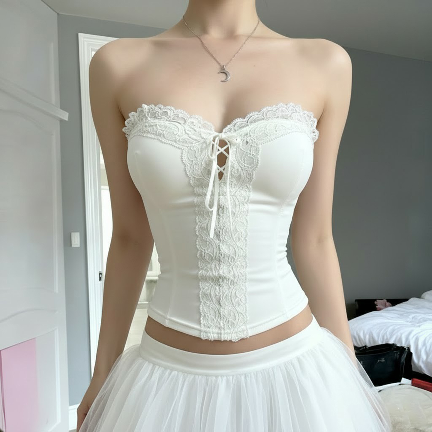 法式少女性感蕾丝拼接系带抹胸女