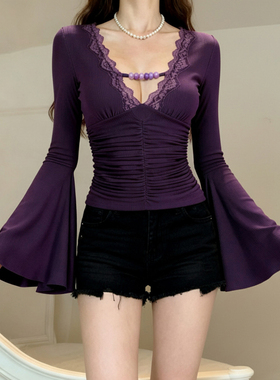 HEYOUNGIRL优雅女人蕾丝拼接深V领上衣百搭修身串珠设计喇叭袖T恤