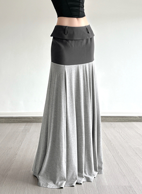 HEYOUNGIRL日杂休闲撞色拼接翻腰头灰色伞裙百搭宽松显瘦半身裙
