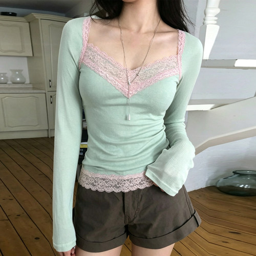 美式复古蕾丝边V领针织长袖T恤秋