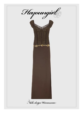 HEYOUNGIRL复古棕色肌理感短袖T恤百搭简约蝴蝶结蕾丝拼接上衣女