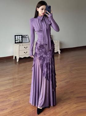 HEYOUNGIRL紫调浪漫绑带设计立领长袖上衣复古花卉印花紫色半身裙