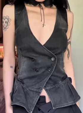 HEYOUNGIRL复古辣妹磨白不规则灰色牛仔马甲百搭可叠穿束腰上衣女