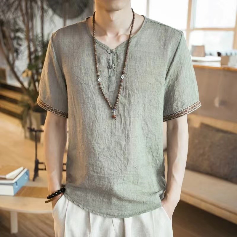 轻奢中国风亚麻t恤男士夏季宽松短袖薄款复古棉麻中式唐装体恤