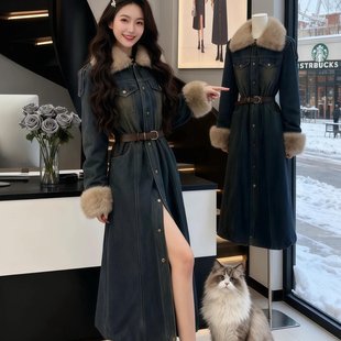 收腰显瘦气质高级长裙 复古毛领牛仔连衣裙女2025新款 已出货 法式