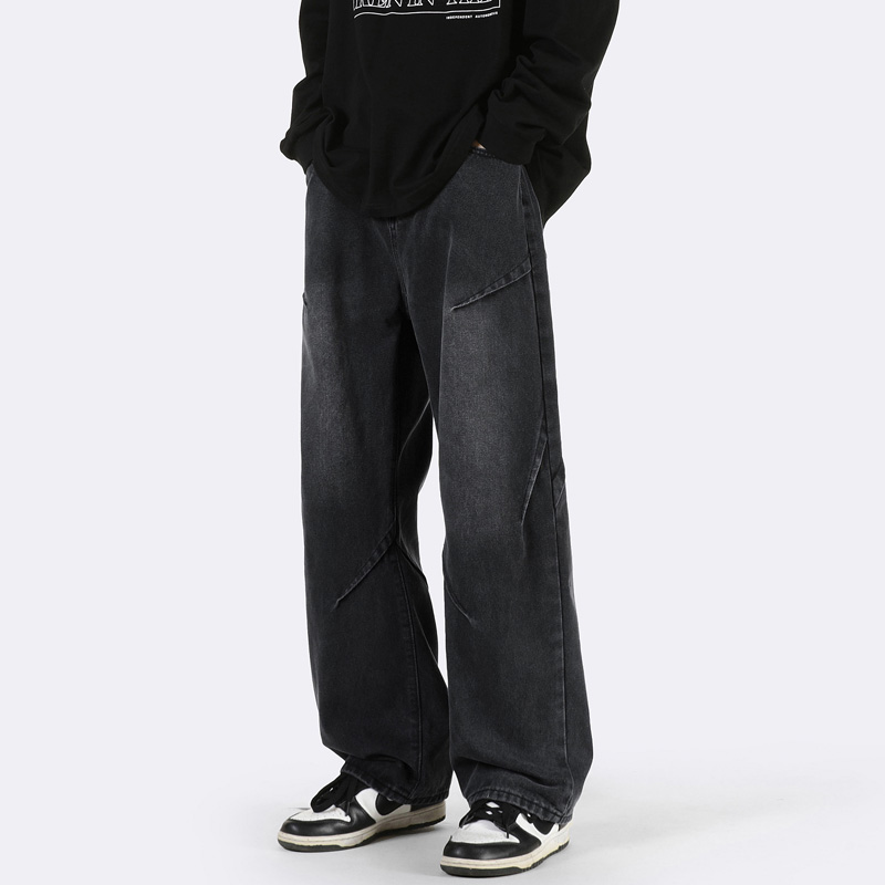 褶皱牛仔裤男生春秋季美式高街户外拼接潮牌宽松直筒阔腿休闲长裤，男装牛仔裤，星座515