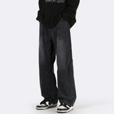 褶皱牛仔裤男生春秋季美式高街户外拼接潮牌宽松直筒阔腿休闲长裤，男装牛仔裤，星座515