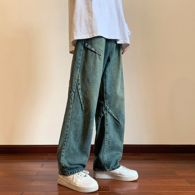 美式高街牛仔裤男生春秋季褶皱拼接设计感潮牌宽松直筒阔腿长裤子,男装牛仔裤,星座515