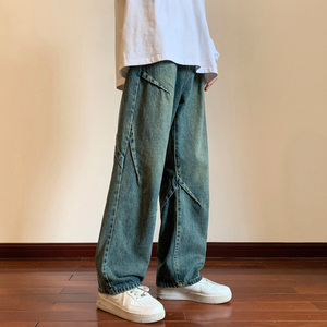 美式高街牛仔裤男生春秋季褶皱拼接设计感潮牌宽松直筒阔腿长裤子图片