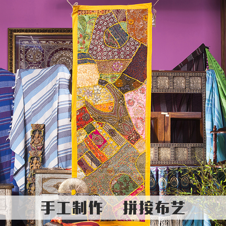 民族风半手工绣珠桌旗挂毯挂画东南亚风格绣花茶旗墙挂卧室装饰画图片
