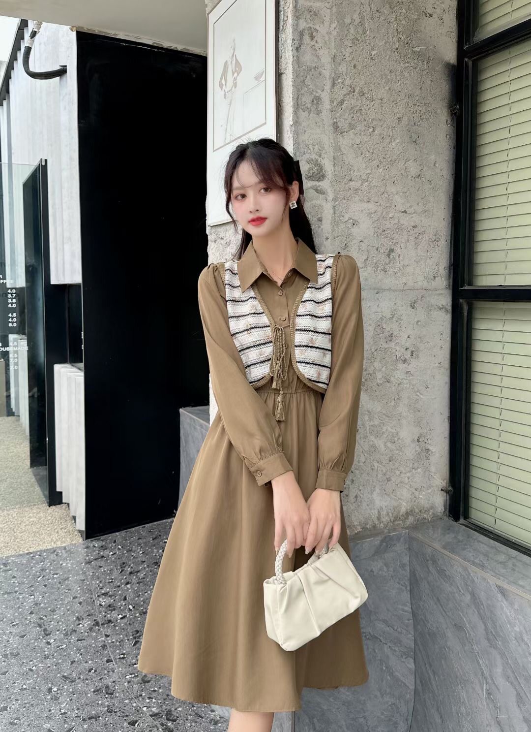 秋季新款连衣裙韩版微胖法式桔梗显瘦复古假两件连衣裙中长款特价