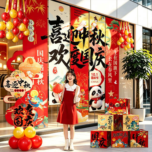 中秋国庆节氛围场景布置挂布商超店铺美陈主题装饰KT板打卡墙海报