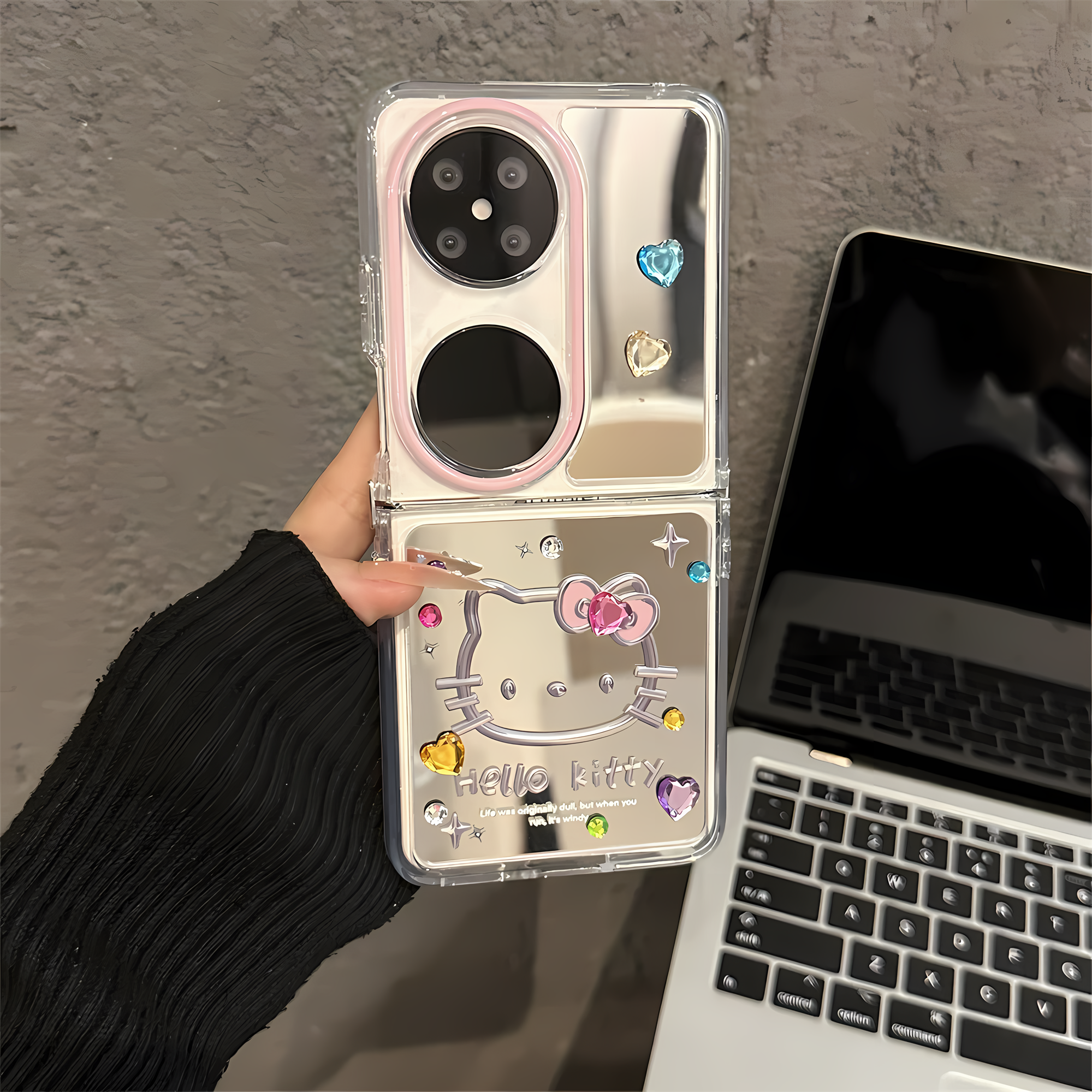 ins风可爱适用华为pocket2折叠镜面手机壳新款折叠屏保护套P50POCKET超薄pocketS全包防摔金属线条kt猫