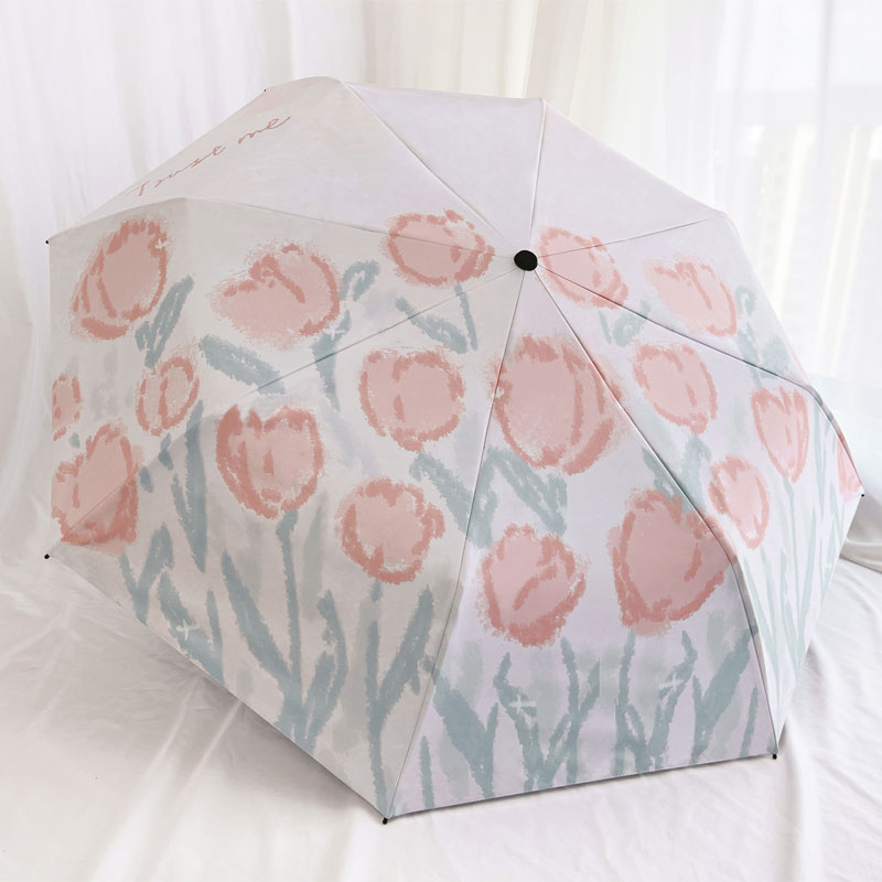 晴雨伞温柔灰粉郁金香黑胶晴雨伞