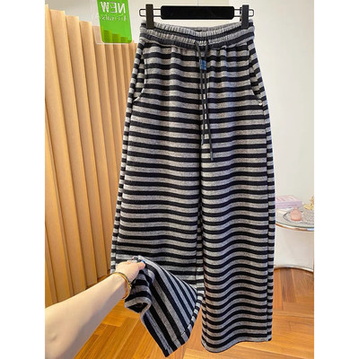 大码韩版条纹阔腿裤女宽松直筒裤