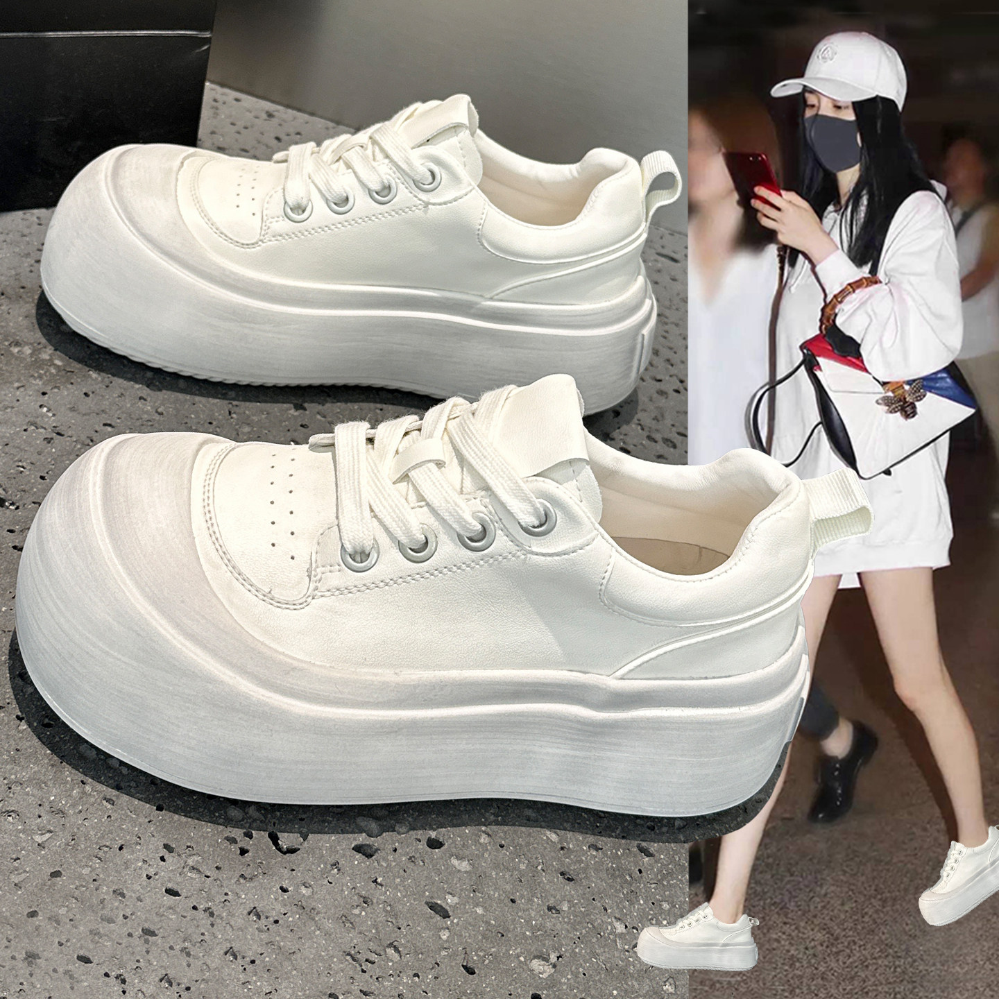 复古脏脏小白鞋女厚底增高大头鞋