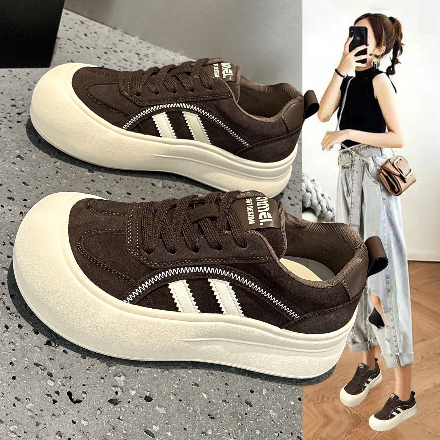 复古真皮德训鞋女大头板鞋厚底鞋