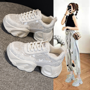 国风爆款老爹鞋女鞋2025夏季新款网面透气厚底松糕水钻运动休闲鞋
