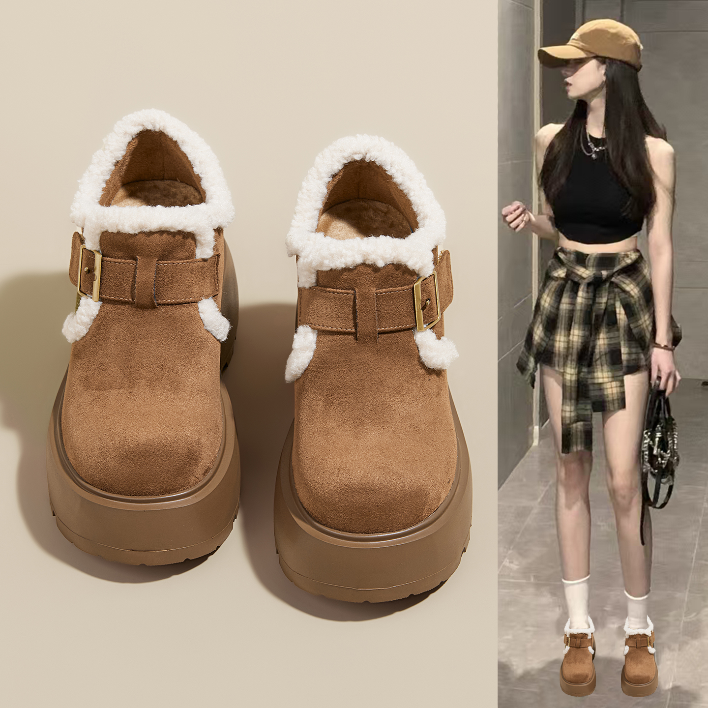 内增高加绒勃肯鞋女厚底真皮棉鞋
