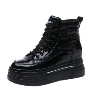 黑色运动鞋女2025秋冬新款内增高厚底高帮鞋漆皮加绒休闲小白棉鞋