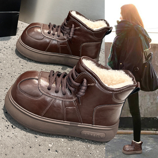 加绒加厚高帮大棉面包鞋 新款 2025冬季 复古真皮大头防水雪地靴女款