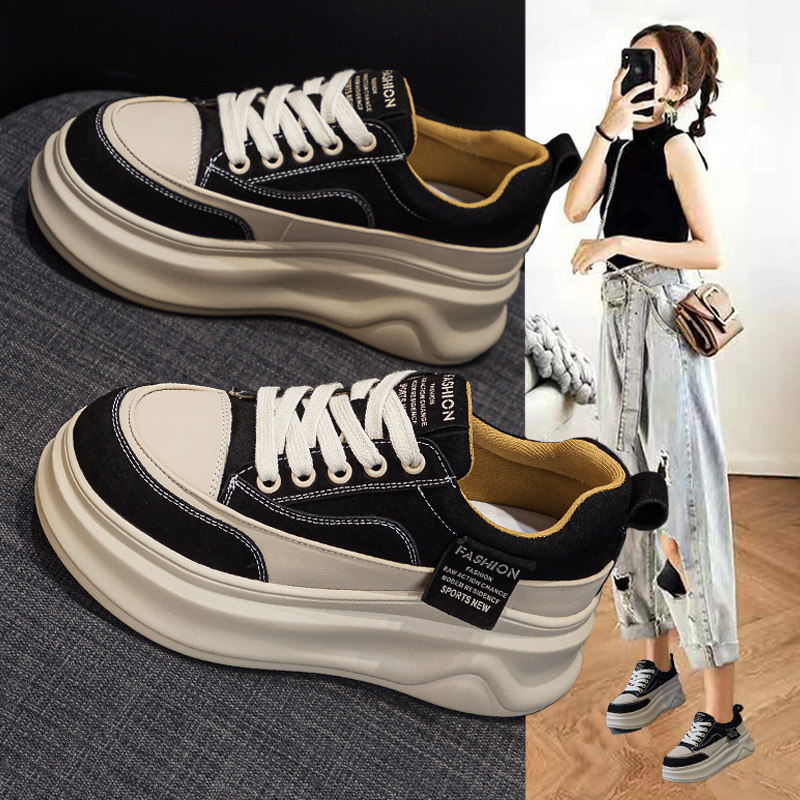 真皮厚底黑色运动板鞋女2025春季新款爆款内增高小白鞋轻便休闲鞋