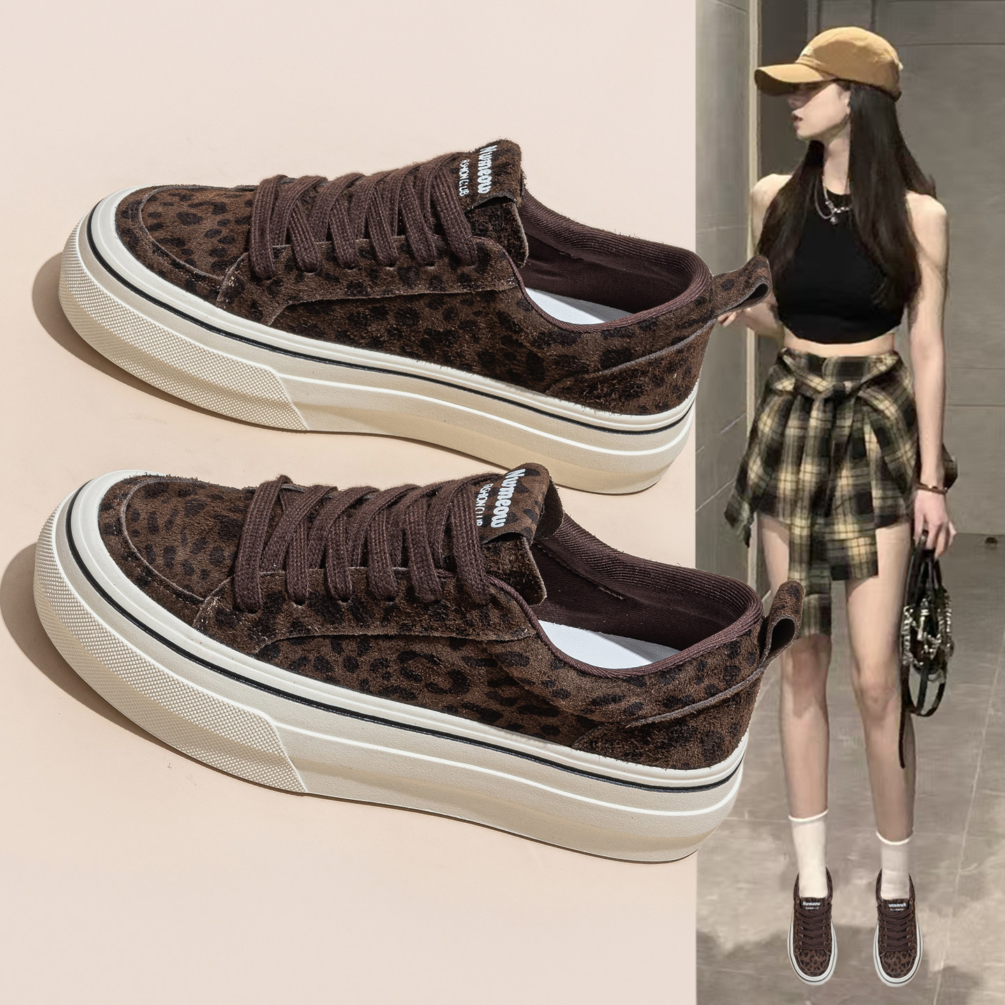 复古超火豹纹板鞋女款鞋子2026春季新款厚底软底不累脚运动休闲鞋