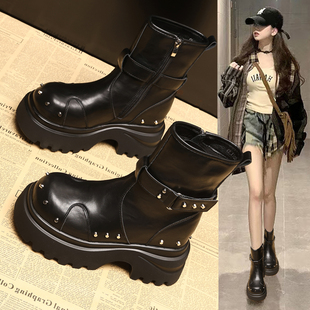 英伦风厚底内增高9cm机车短靴 柳钉马丁靴女2025新款 冬季 加绒时尚
