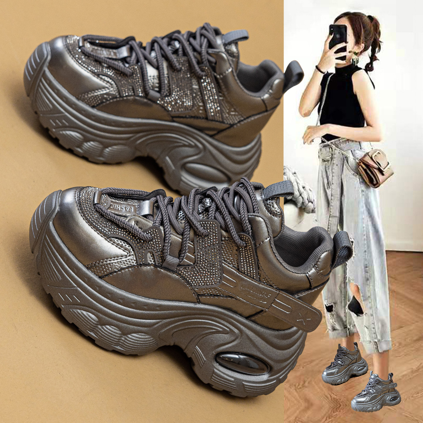 超火内增高老爹鞋女款2026春季新款超火厚底小个子9cm水钻休闲鞋