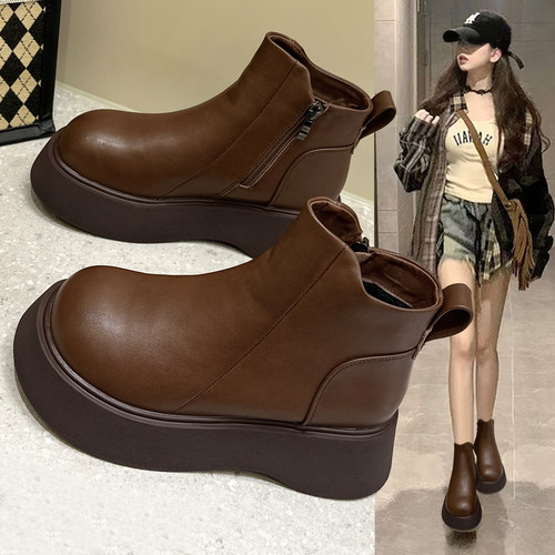 复古马丁靴女加绒真皮切尔西短靴